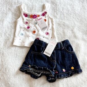 GYMBOREE Girls Embroidered White Floral Top and Denim Shorts 3-6